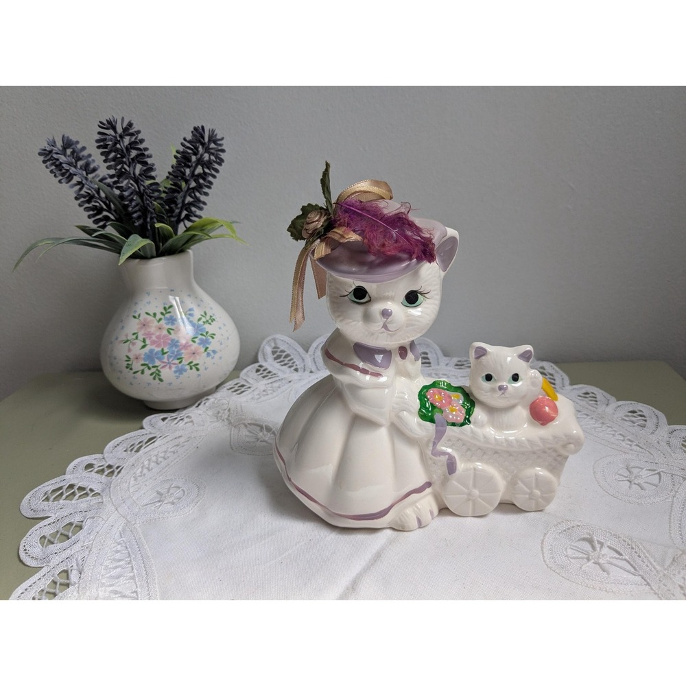 Vintage Kitsch Lady Cat Figurine with‎ Kitten Carriage, Anthropomorphic Cat